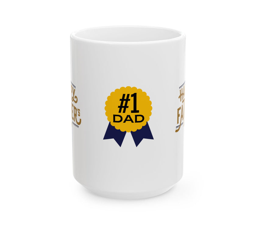 White ceramic mug featuring a #1 Dad ribbon and Happy Father’s Day message, ideal gift for Father’s Day celebrations."