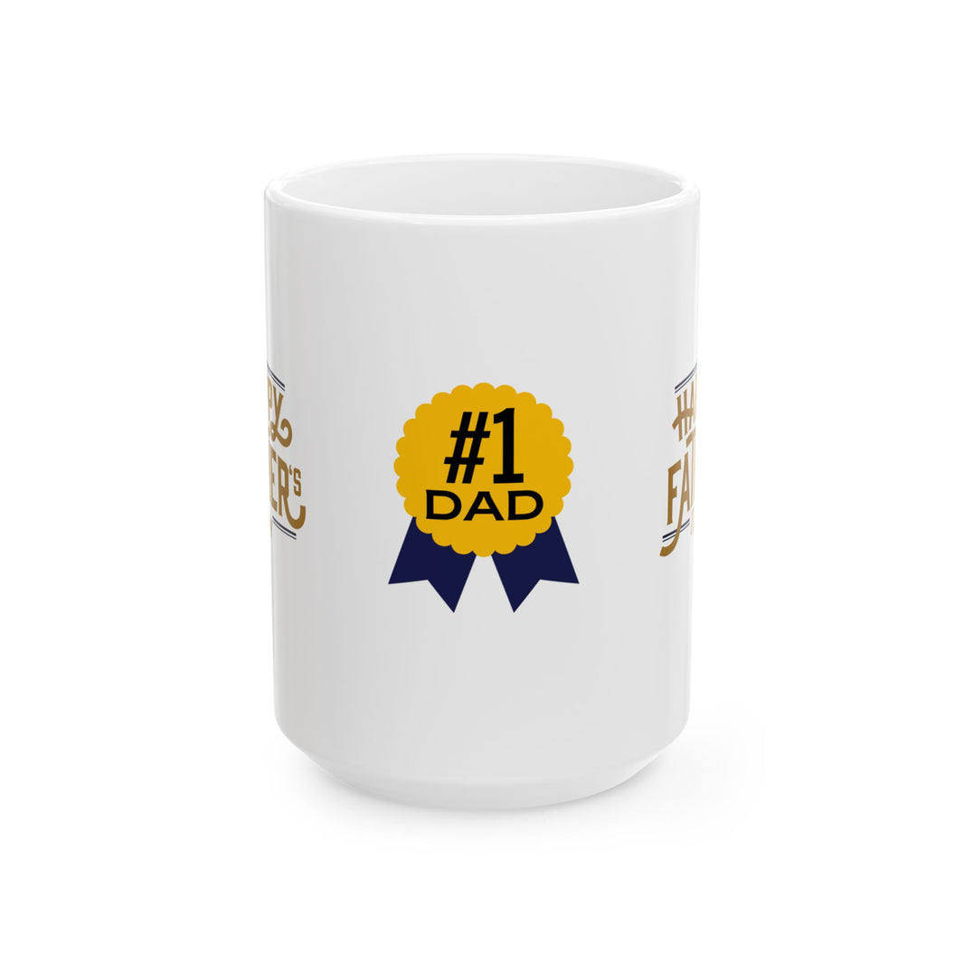 White ceramic mug featuring a #1 Dad ribbon and Happy Father’s Day message, ideal gift for Father’s Day celebrations."