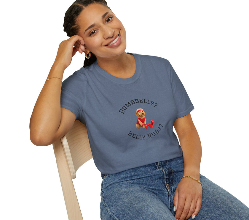 Person wearing a blue t-shirt with a graphic and text, sitting on a chair against a white background