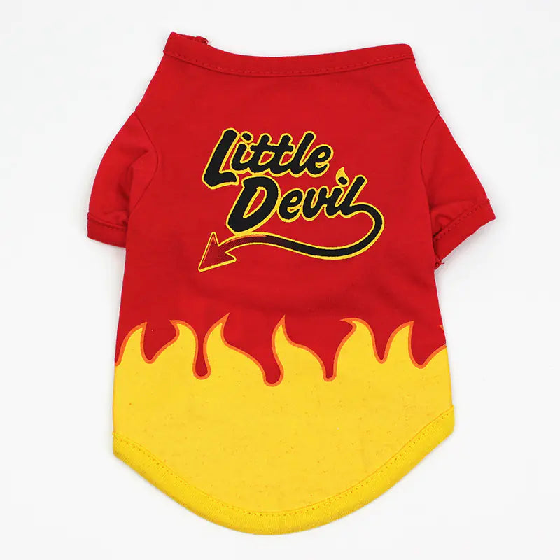 Red pet shirt with 'Little Devil' text and flames on a white background