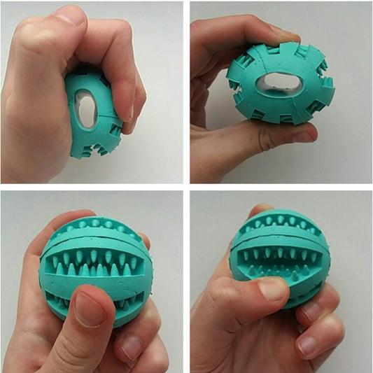 Teal dog toy ball with textured surface held in a hand against a white background