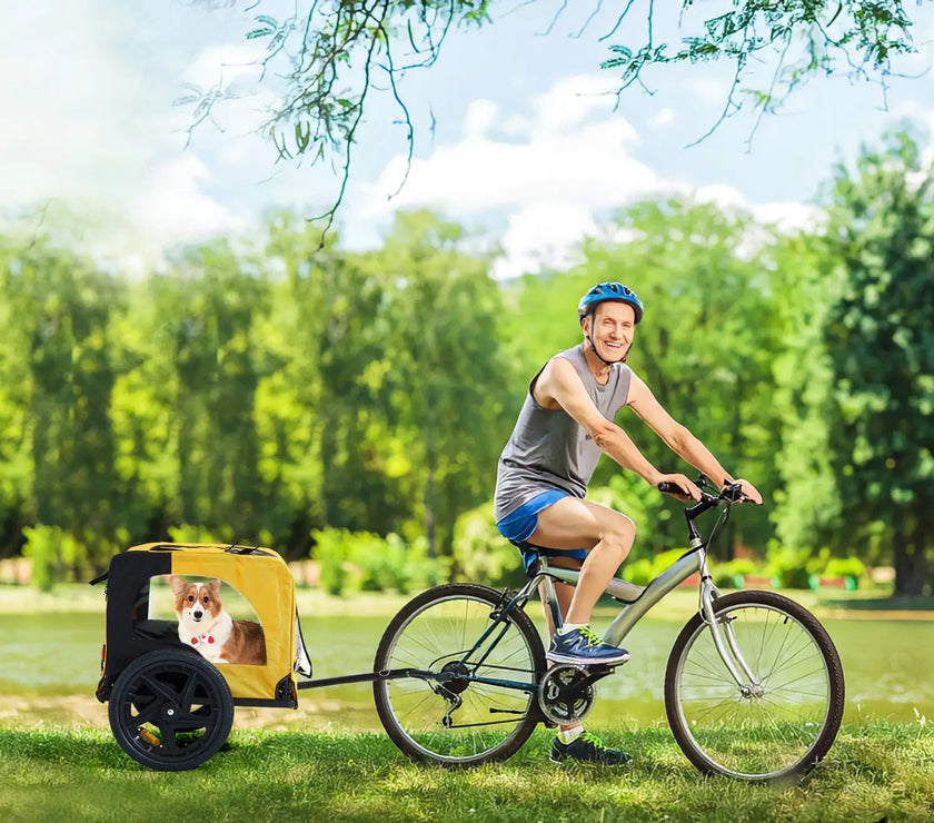 Bicycle pet trailer, small to large dogs weighing up to 88 pounds, folding frame carrier, quick release wheels, universal bicycle coupler
