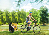 Bicycle pet trailer, small to large dogs weighing up to 88 pounds, folding frame carrier, quick release wheels, universal bicycle coupler