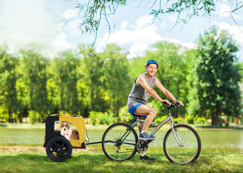 Bicycle pet trailer, small to large dogs weighing up to 88 pounds, folding frame carrier, quick release wheels, universal bicycle coupler