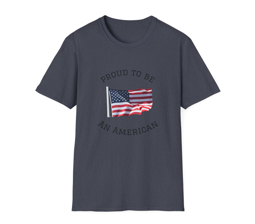 T-shirt with an American flag graphic and the words 'Proud to Be an American' printed around the flag