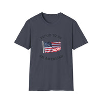 T-shirt with an American flag graphic and the words 'Proud to Be an American' printed around the flag
