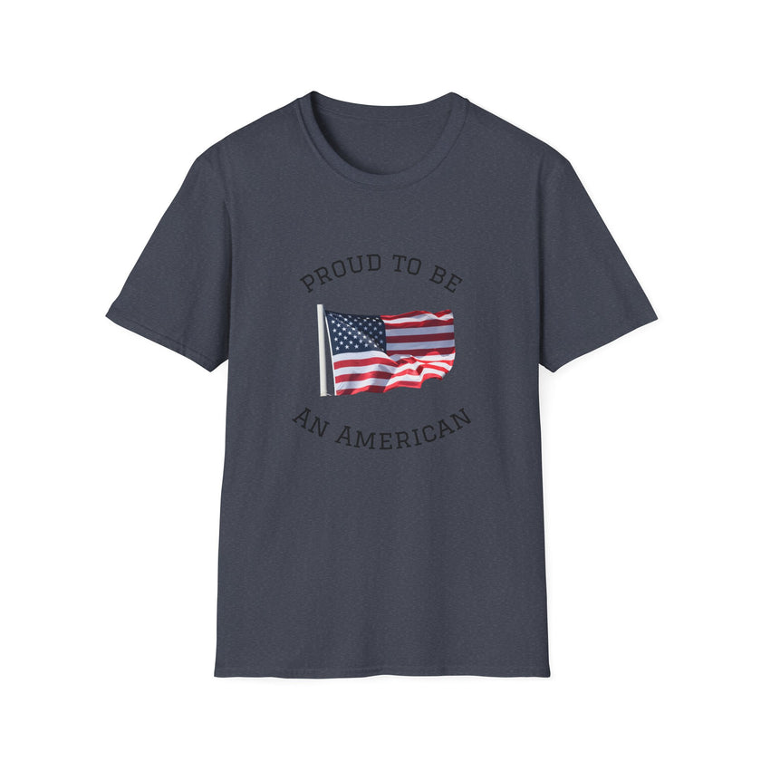 T-shirt with an American flag graphic and the words 'Proud to Be an American' printed around the flag