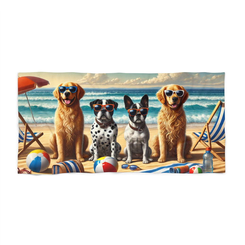 Colorful beach towel featuring four stylish dogs wearing sunglasses, sitting on a sandy beach with beach chairs, beach balls, and ocean waves in the background under a bright sky.