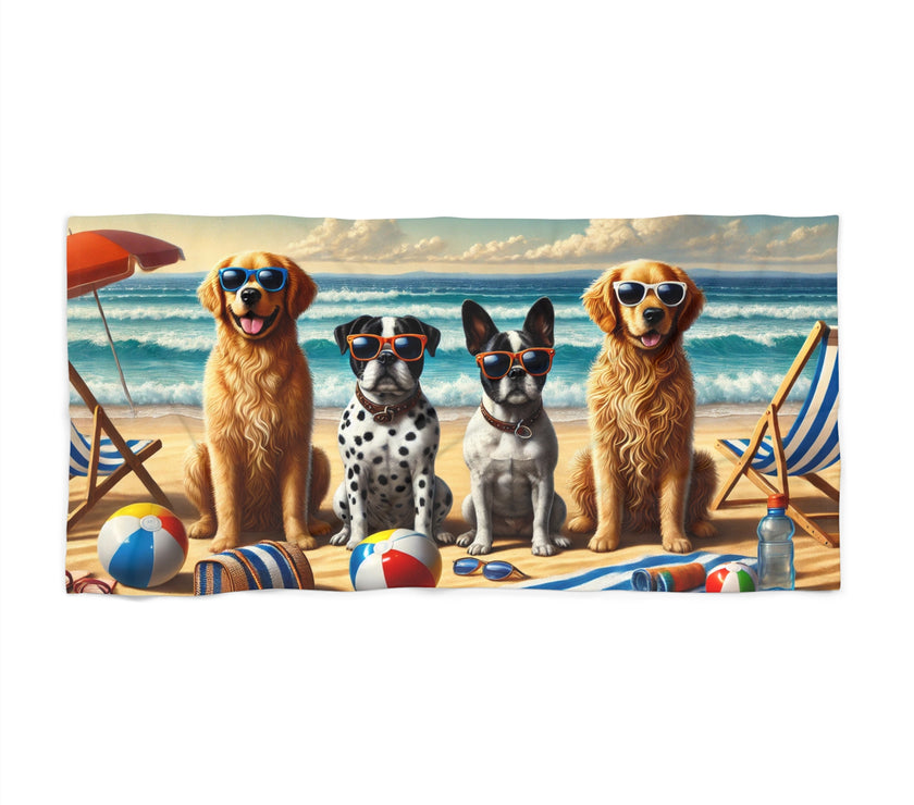 Colorful beach towel featuring four stylish dogs wearing sunglasses, sitting on a sandy beach with beach chairs, beach balls, and ocean waves in the background under a bright sky.