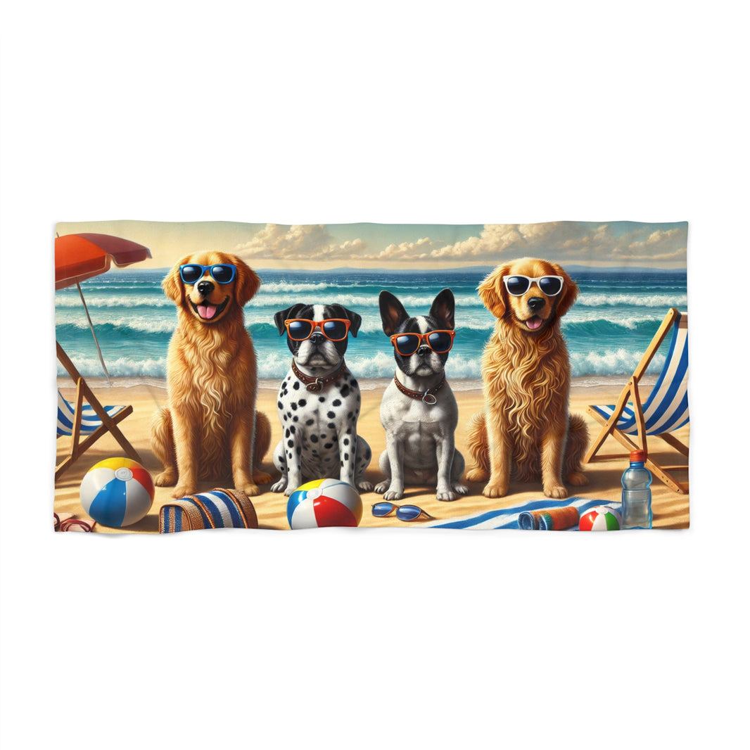 Colorful beach towel featuring four stylish dogs wearing sunglasses, sitting on a sandy beach with beach chairs, beach balls, and ocean waves in the background under a bright sky.