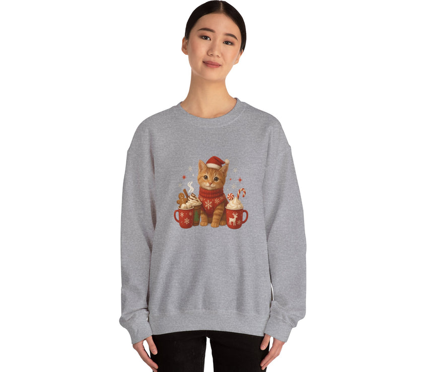 Gray sweatshirt with a cat design featuring hot chocolate and cookies, worn by a model on a white background.