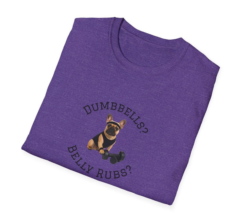 Folded purple t-shirt with a dog graphic and text on a white background