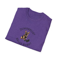 Folded purple t-shirt with a dog graphic and text on a white background