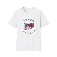 T-shirt with an American flag graphic and the words 'Proud to Be an American' printed around the flag