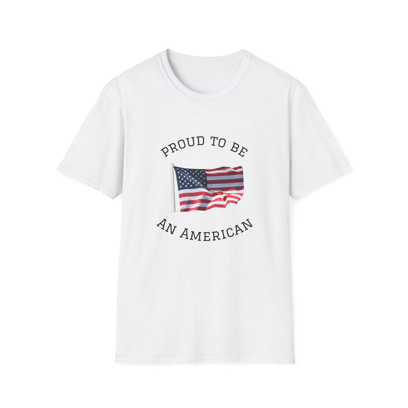 T-shirt with an American flag graphic and the words 'Proud to Be an American' printed around the flag