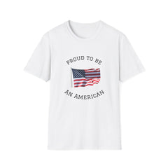 T-shirt with an American flag graphic and the words 'Proud to Be an American' printed around the flag