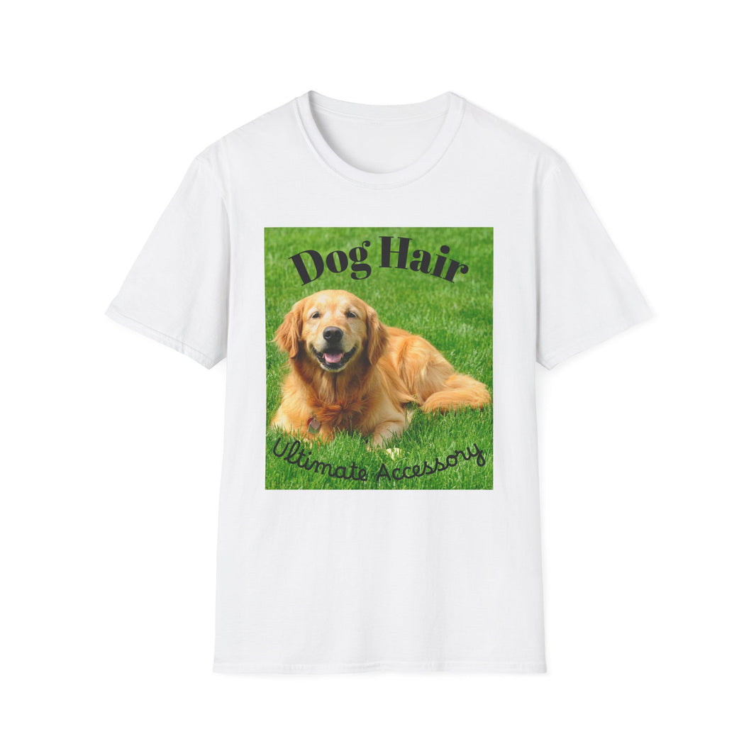 White t-shirt with a graphic of a golden retriever and text 'Dog Hair Ultimate Accessory' on a grass background.