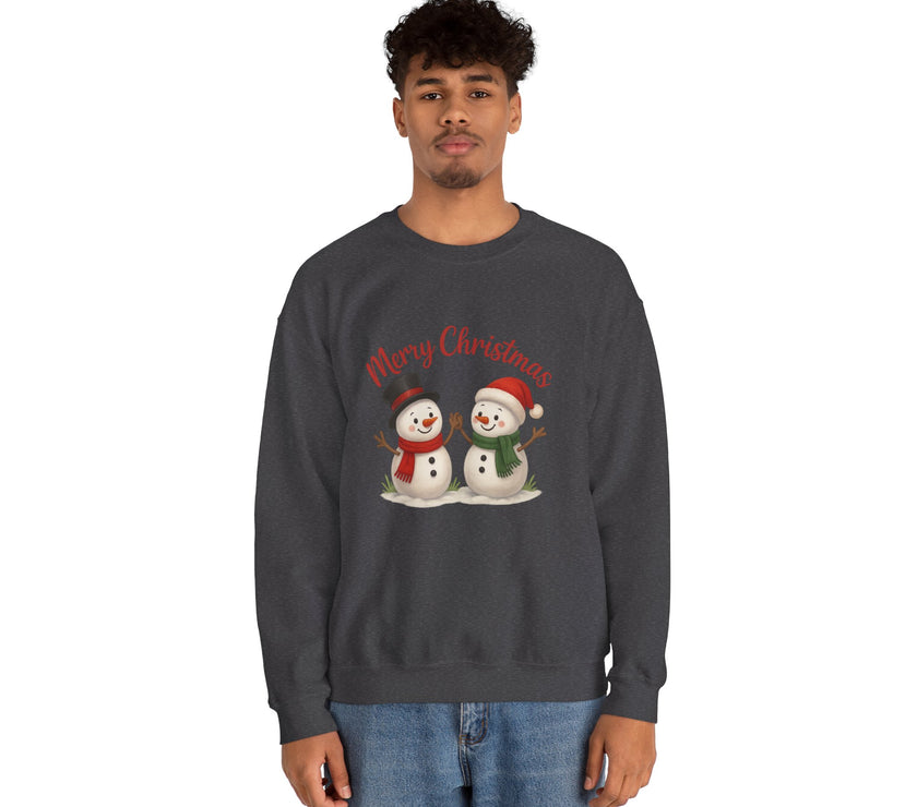 Person wearing a dark gray sweatshirt with Christmas design on a white background