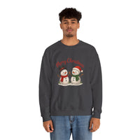 Person wearing a dark gray sweatshirt with Christmas design on a white background