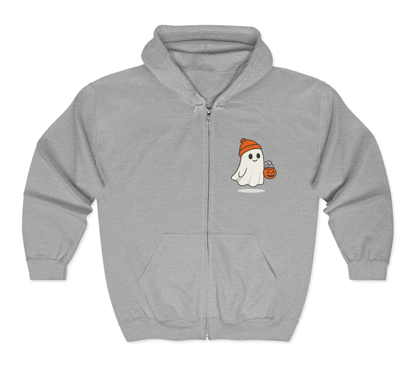 Gray hoodie with a ghost and pumpkin design on a white background