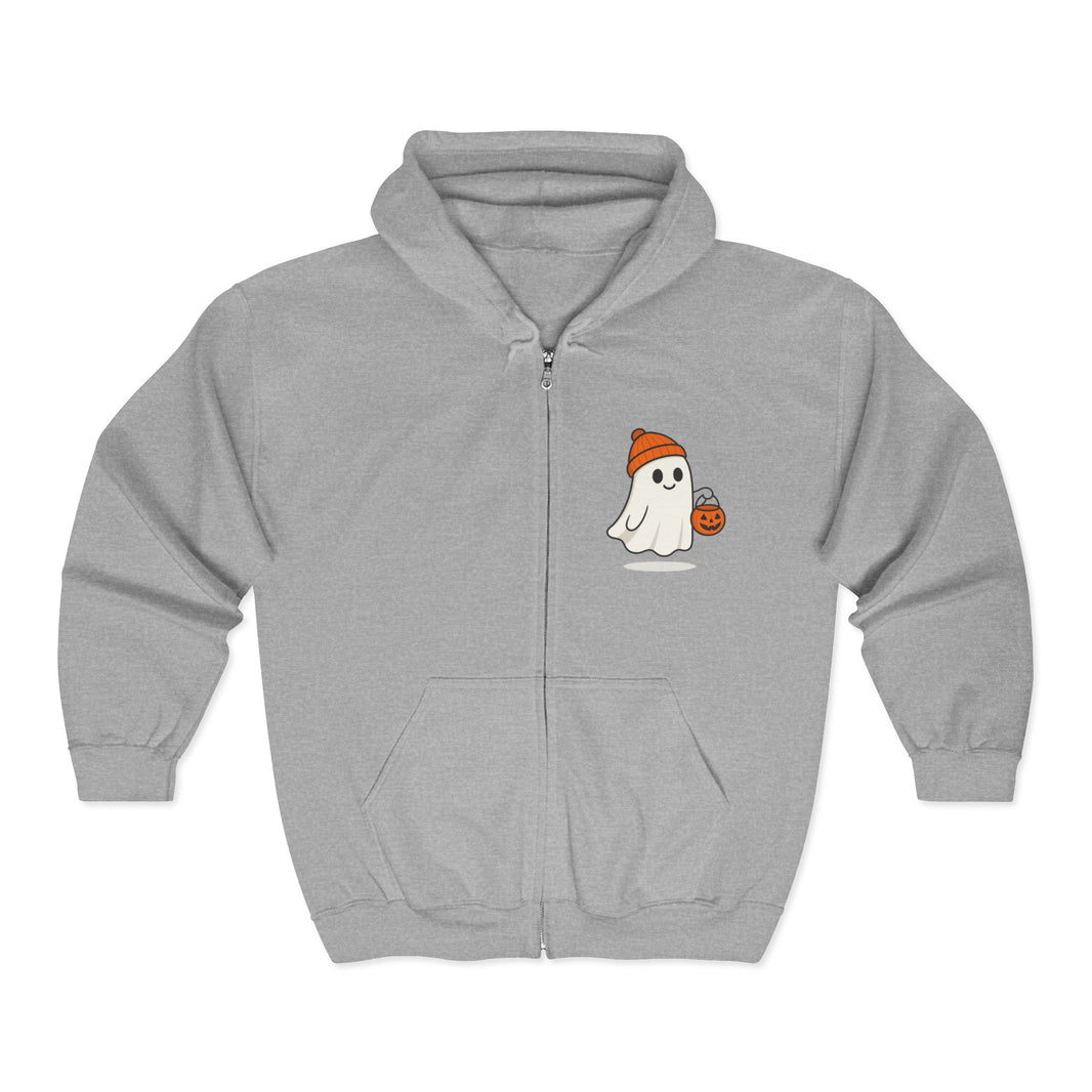 Gray hoodie with a ghost and pumpkin design on a white background