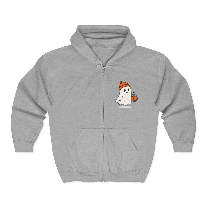 Gray hoodie with a ghost and pumpkin design on a white background