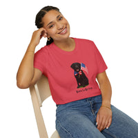 Heather Red  t-shirt featuring a patriotic Black Lab wearing an American flag bowtie and holding U.S. flags, with the Black Lab phrase "Born to Be Free" printed below — perfect for dog lovers and patriotic Americans.