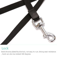 Black dog leash with a chrome-plated buckle lock on a white background