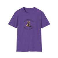 Purple t-shirt with a dog graphic and text on a white background