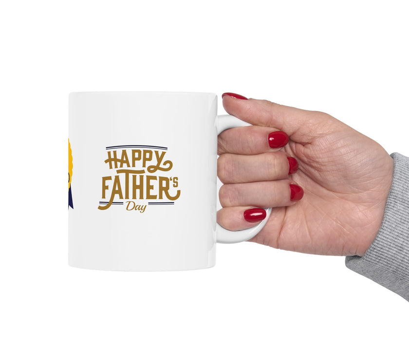 White ceramic mug featuring a #1 Dad ribbon and Happy Father’s Day message, ideal gift for Father’s Day celebrations."