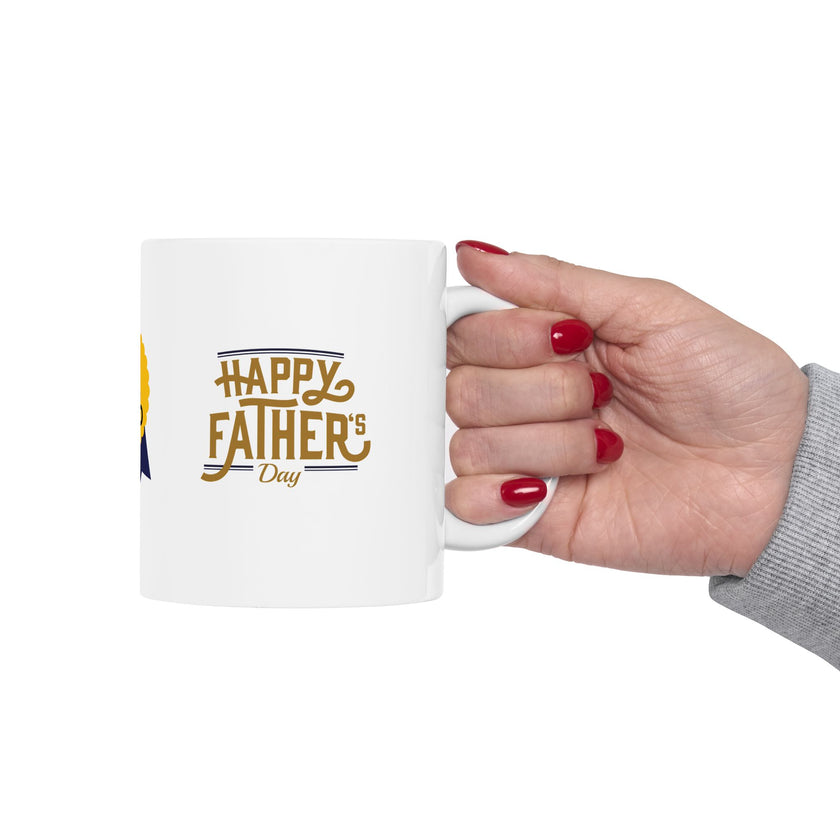 White ceramic mug featuring a #1 Dad ribbon and Happy Father’s Day message, ideal gift for Father’s Day celebrations."
