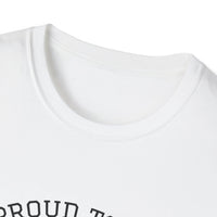 Collar view of T-shirt with an American flag graphic and the words 'Proud to Be an American' printed around the flag