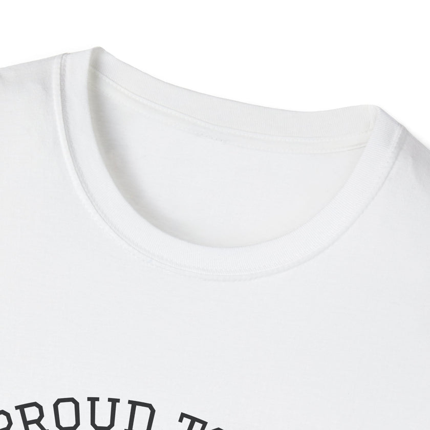 Collar view of T-shirt with an American flag graphic and the words 'Proud to Be an American' printed around the flag
