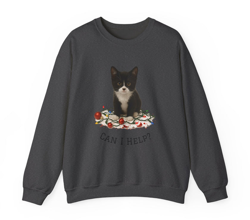 Dark gray sweatshirt with a cat graphic and 'Can I Help?' text on a white background