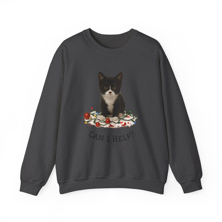 Dark gray sweatshirt with a cat graphic and 'Can I Help?' text on a white background