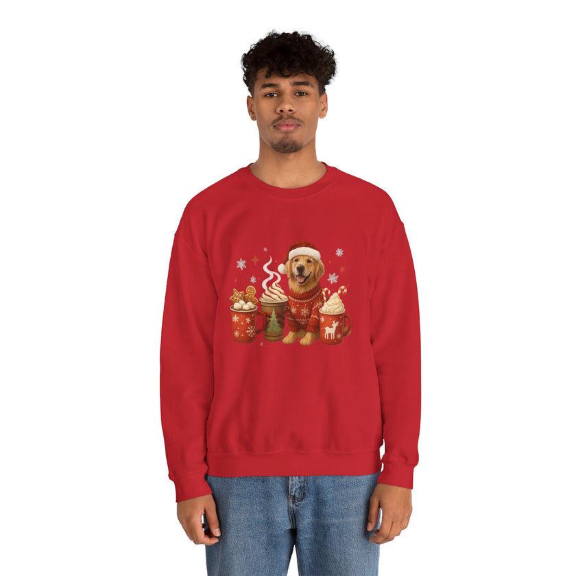 Person wearing a red sweatshirt with a bear graphic on a white background