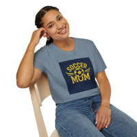 Woman wearing a blue t-shirt with 'Soccer Mum' text and design, sitting on a chair.