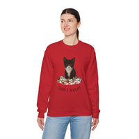 Person wearing a red sweatshirt with a cat graphic and text on a white background