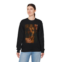 Person wearing a black sweatshirt with a dog graphic on a white background