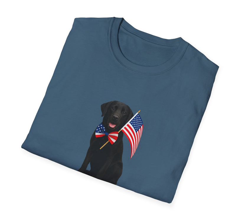 Indigo Blue t-shirt featuring a patrioticBlack Lab wearing an American flag bowtie and holding U.S. flags, with the Black Labphrase "Born to Be Free" printed below — perfect for dog lovers and patriotic Americans.