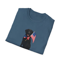 Indigo Blue t-shirt featuring a patrioticBlack Lab wearing an American flag bowtie and holding U.S. flags, with the Black Labphrase "Born to Be Free" printed below — perfect for dog lovers and patriotic Americans.
