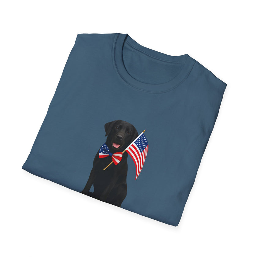 Indigo Blue t-shirt featuring a patrioticBlack Lab wearing an American flag bowtie and holding U.S. flags, with the Black Labphrase "Born to Be Free" printed below — perfect for dog lovers and patriotic Americans.