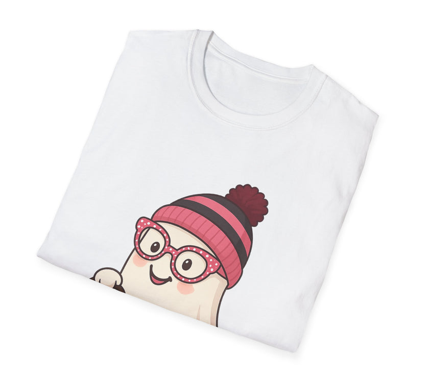 White t-shirt with a cartoon character wearing a pink beanie and glasses on a white background