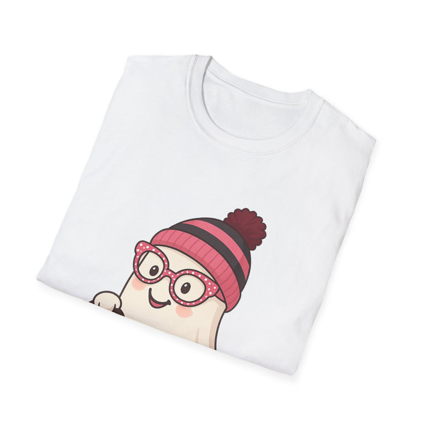 White t-shirt with a cartoon character wearing a pink beanie and glasses on a white background
