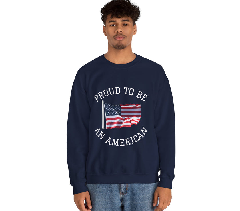 Person wearing a navy blue sweatshirt with 'Proud to be an American' text and flag design on a white background