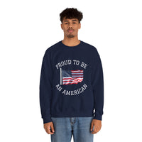Person wearing a navy blue sweatshirt with 'Proud to be an American' text and flag design on a white background