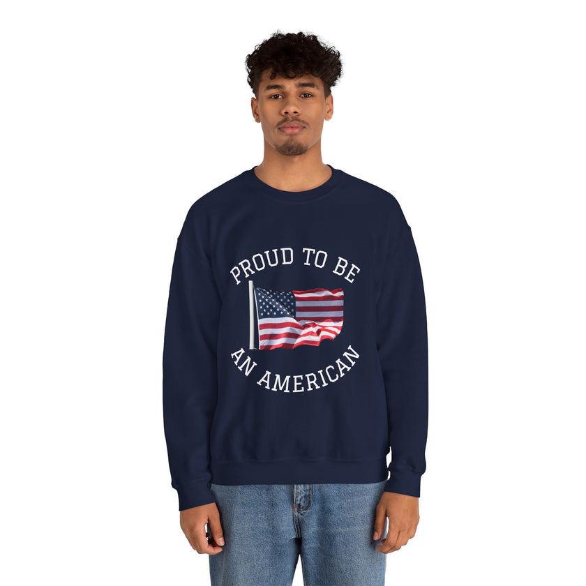 Person wearing a navy blue sweatshirt with 'Proud to be an American' text and flag design on a white background