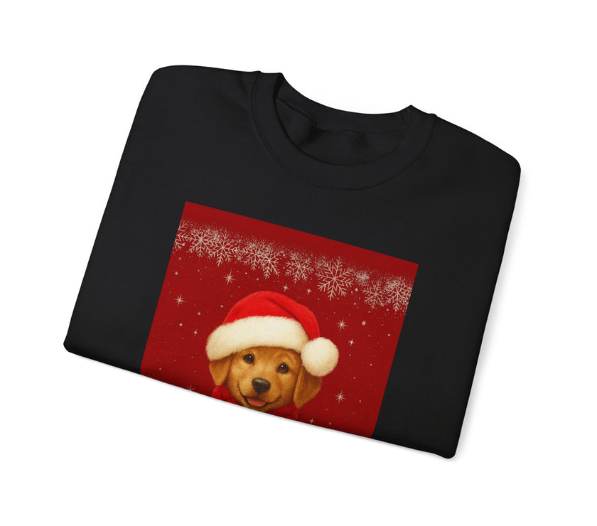 Black sweatshirt with a red patch featuring a dog wearing a Santa hat on a white background