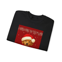Black sweatshirt with a red patch featuring a dog wearing a Santa hat on a white background