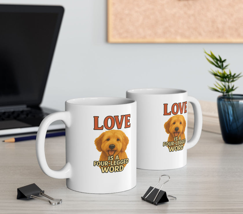 Two white mugs with a dog illustration and 'LOVE is a four-legged word' text on a desk.